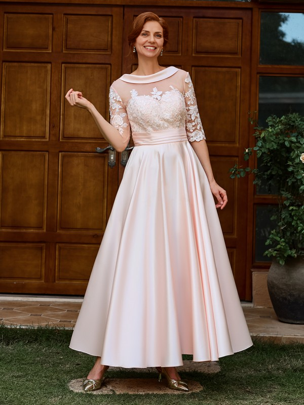 Luolandi Elegant A-line Appliques Lace Ankle-Length Satin Mother of the Bride Dress 1/2 Sleeves Charming Evening Dress