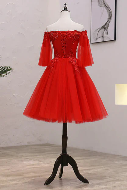 Luolandi Red Sweetheart Tulle with Lace and Beaded Homecoming Dress Party Dress Off Shoulder