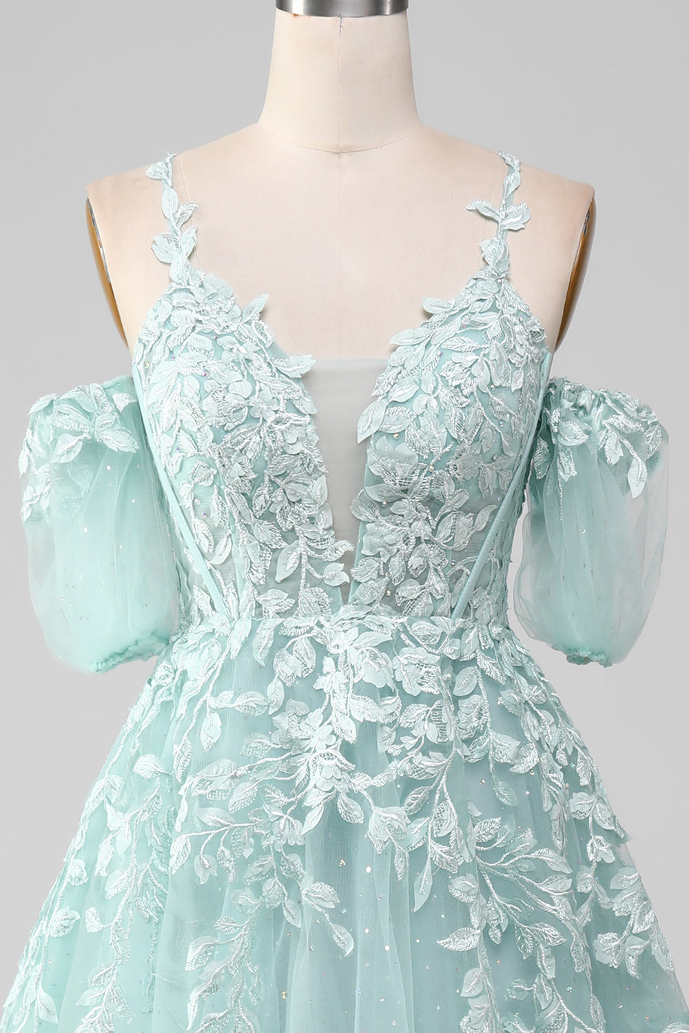 Luolandi Ball-Gown Off The Shoulder Beaded Mint Prom Dresses With Appliques And Sleeves