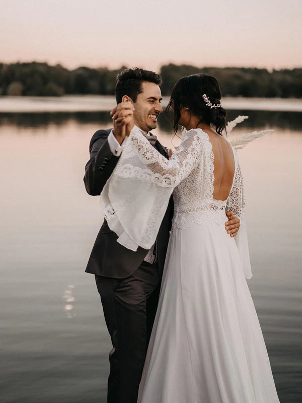 Luolandi Vintage Mandarin Sleeves Chiffon V-Neck Wedding Dresses Backless Bridal Gowns Elegant