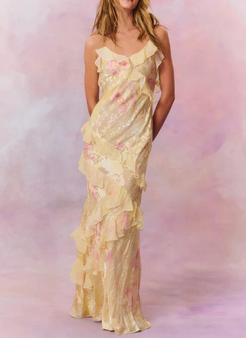 Luolandi Yellow Straps Ruffles Long Party Dress Weding Guest Dress Charming Evening Dress Formal Dress