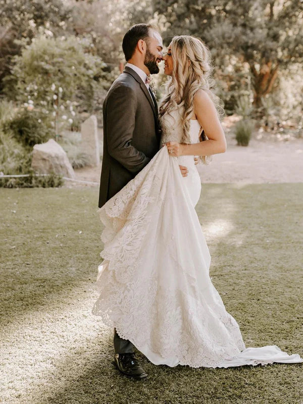 Luolandi Elegant Lace Backless Spaghetti Straps V-Neck Mermaid Wedding Dress Romantic Bridal Gown