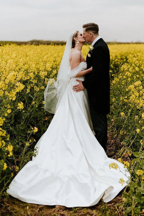 Luolandi A-Line Satin Off the Shoulder Wedding Dresses Solid Color Elegant