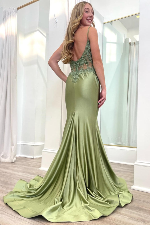 Luolandi Sage Green Spaghetti Strap Backless Trumpet Long Gown Sexy Evening Dress