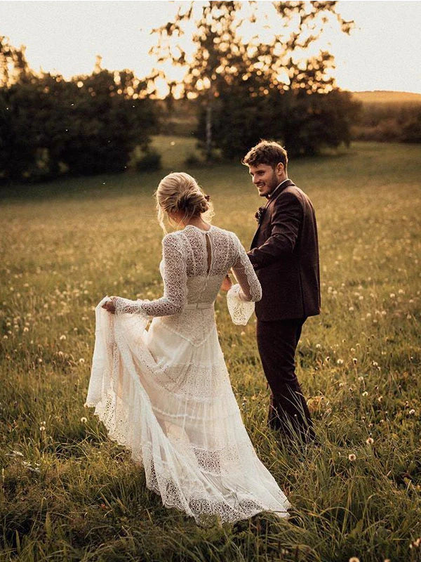 Luolandi Beautiful Long Sleeves Lace A-Line Wedding Dresses Gowns Floor Length Elegant