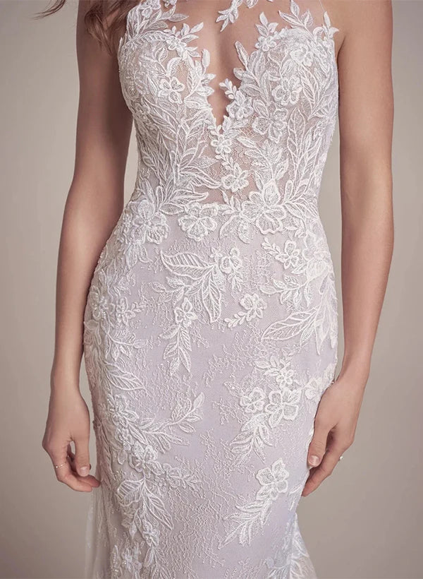 Luolandi Elegant Lace/Tulle Wedding Dresses With Trumpet/Mermaid Illusion Neck Floor Length Elegant