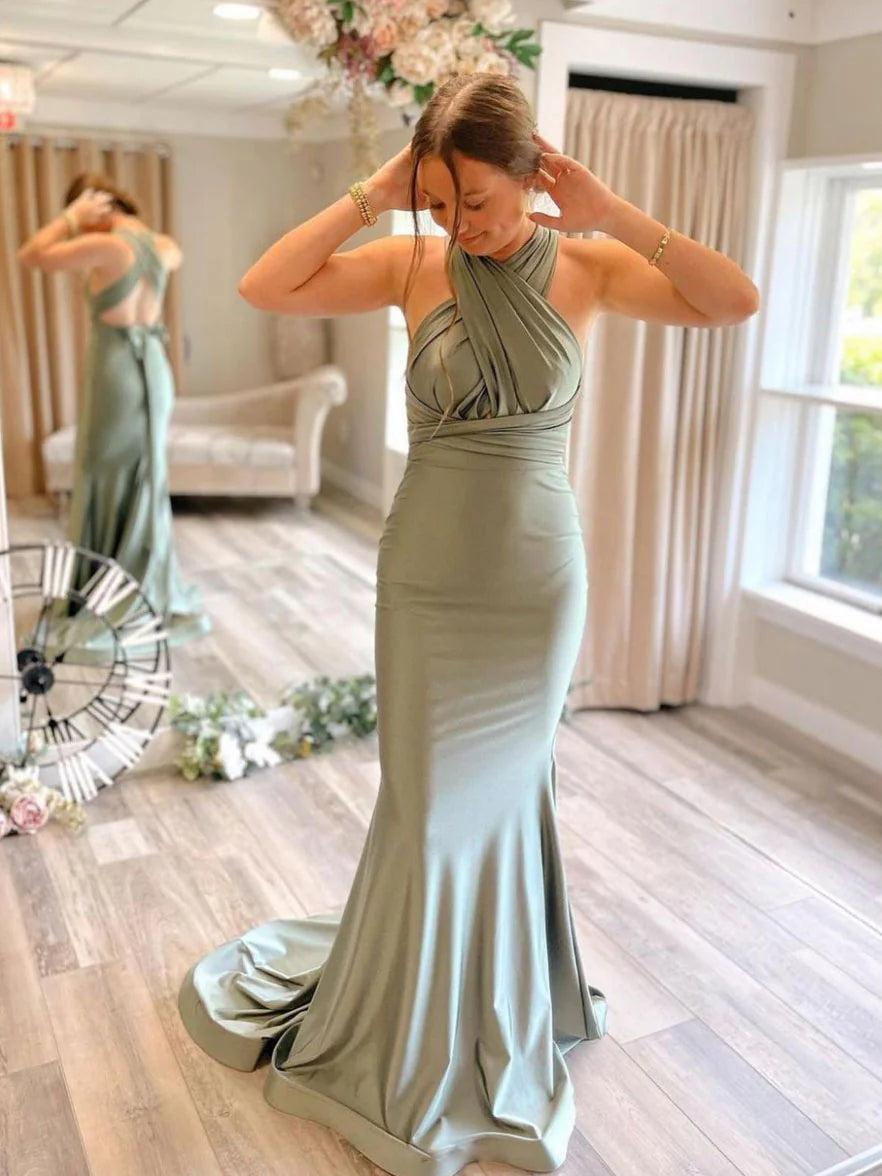 Luolandi Gray green satin mermaid long prom dress evening dress Sexy Formal Dress december wedding guest dress