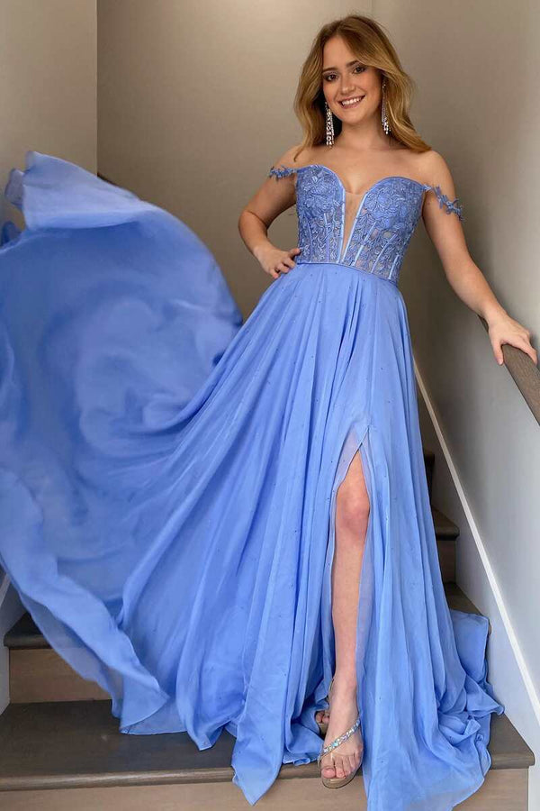 Luolandi Off-the-Shoulder A-line Princess Prom Gown Prom Dress with Appliques And Slit