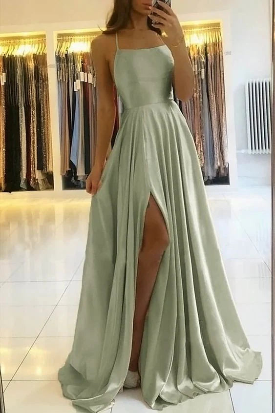Luolandi Sage Green Simple Prom Dress Elegant Evening Party Dress Formal Dress With Slit