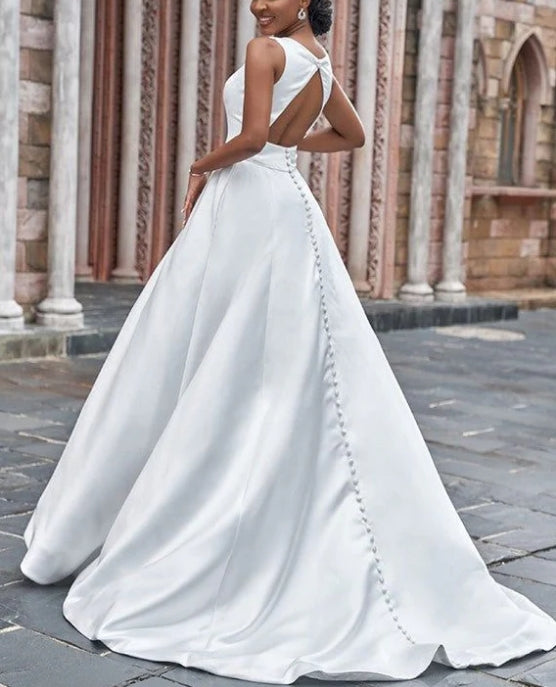 Luolandi A-Line Back Hole Wedding Dresses With Pockets Sleeveless Floor Length Solid Color Simple
