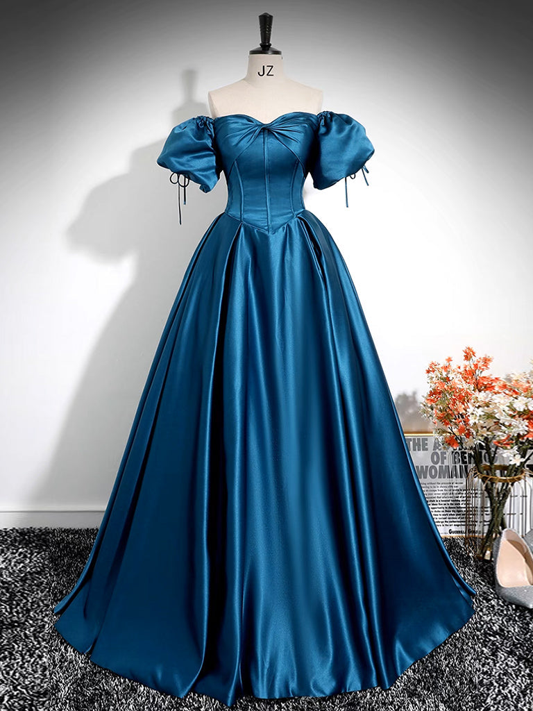 Luolandi A-Line Puff Sleeves Satin Peacock Blue Long Prom Dress Formal Dress Evening Dress