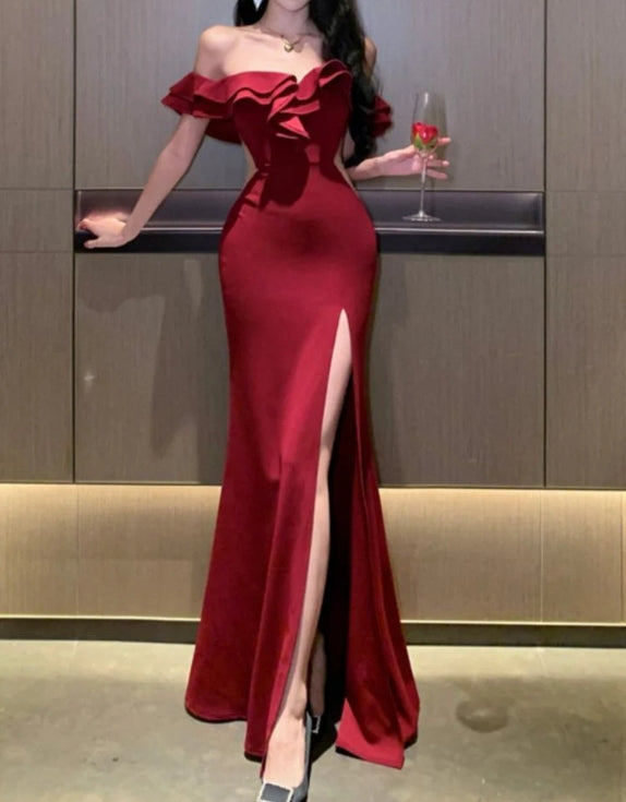 Luolandi Red Off Shoulder Mermaid Ruffle Long Party Dress with Slit Elegant Evening Dress