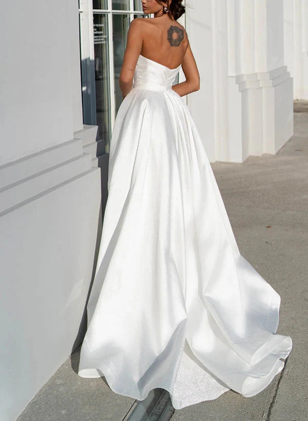 Luolandi A-Line Strapless Satin Wedding Dress With Split Front Bow Off Shoulder Solid Color Simple Formal Dress