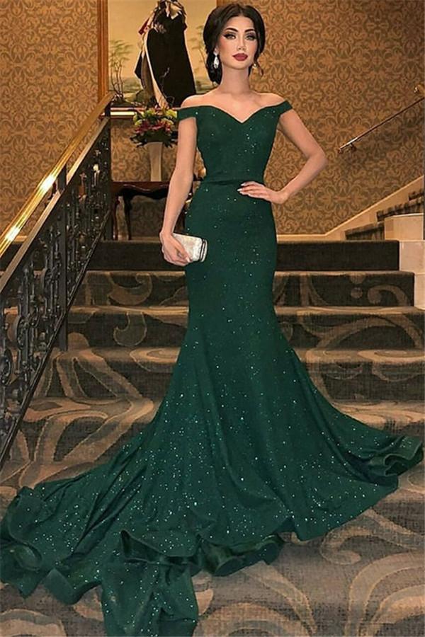 Luolandi Dark Green Off The Shoulder Mermaid Evening Dress Floor Length Elegant Sparkly