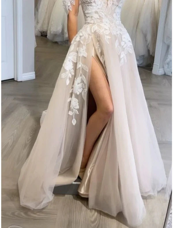 Luolandi Beach Formal Wedding Dresses A-Line Off Shoulder Sleeveless Sweep / Brush Train Lace Bridal Gowns With Pleats Split