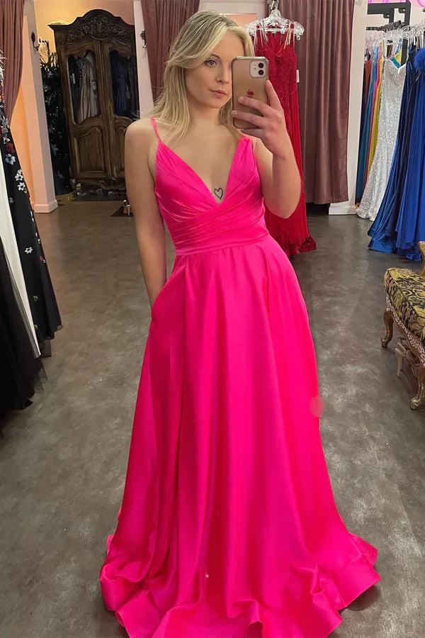 Luolandi Fuchsia Plunging V Neck Straps A-line Satin Long Prom Dress with Slit Sexy Party Dress