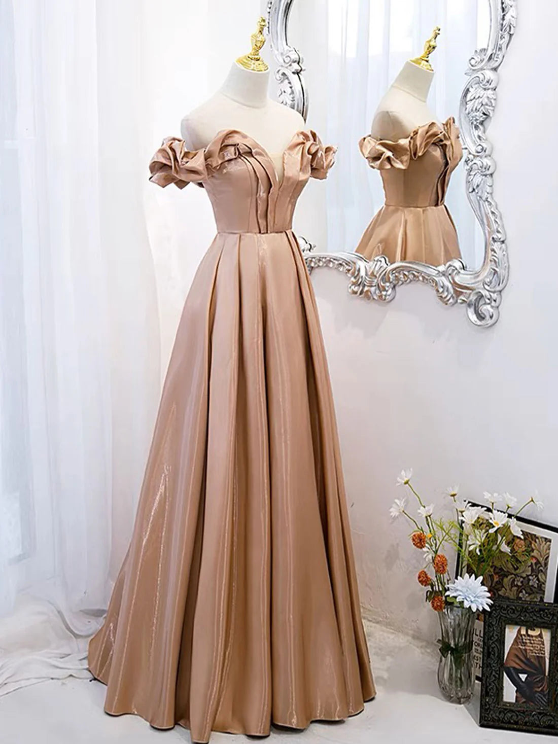 Luolandi A-Line Off Shoulder Satin Champagne Long Prom Dress Formal Dress december wedding guest dress