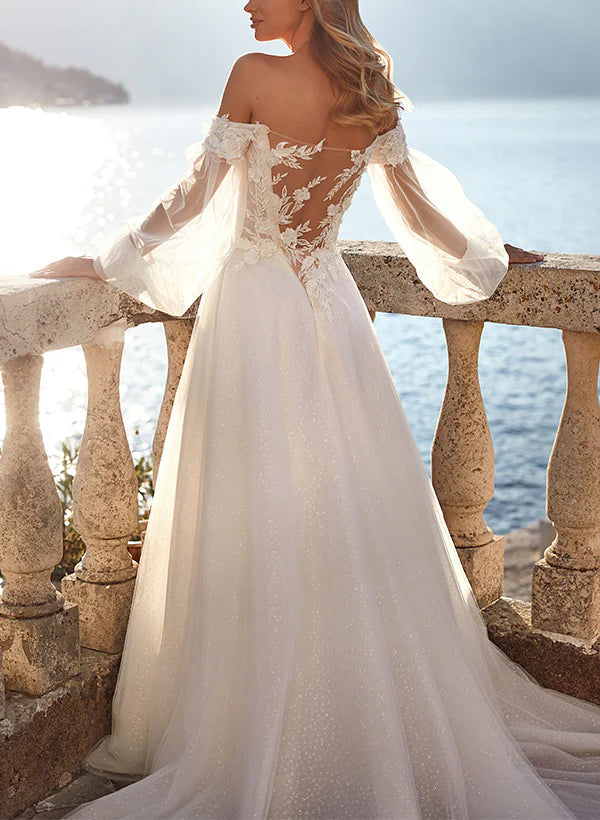 Luolandi Off-The-Shoulder Long Sleeves Lace/Tulle Wedding Dresses Floor Length Elegant