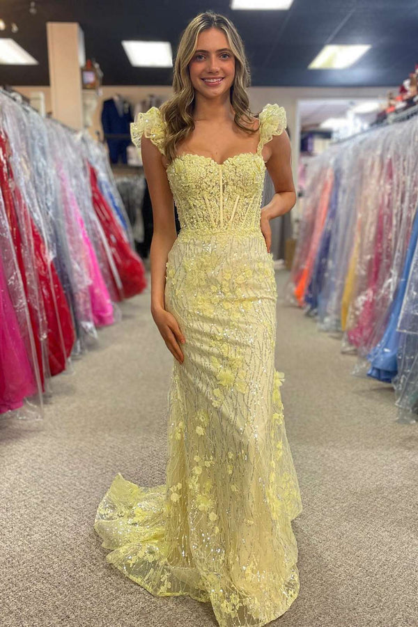 Luolandi Yellow Ruffle Straps 3D Flower Mermaid Long Prom Dress Sparkly Evening Dress