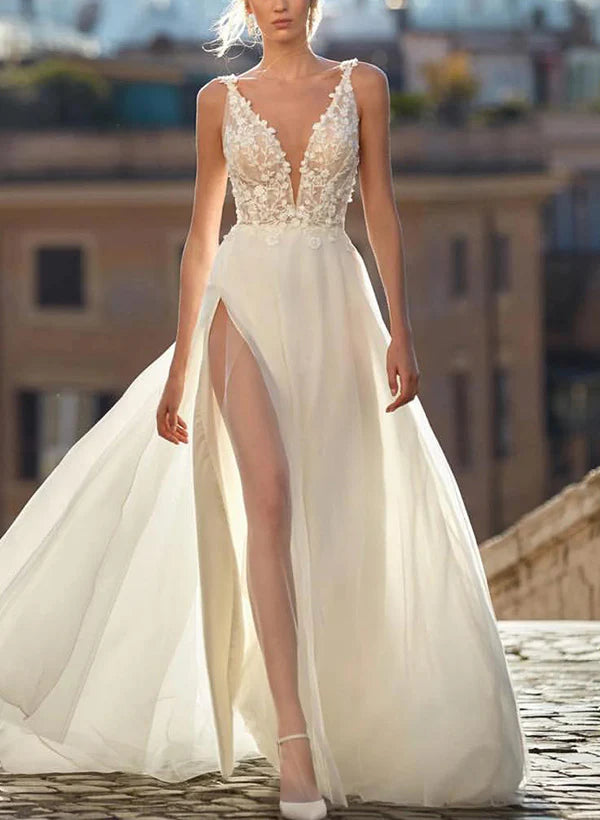 Luolandi A-Line V-Neck Sleeveless Tulle Wedding Dresses With Appliques Lace And Slit Sexy