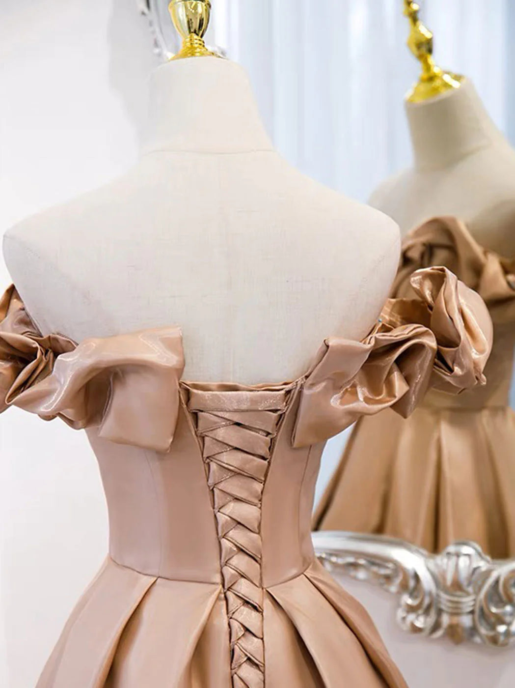 Luolandi A-Line Off Shoulder Satin Champagne Long Prom Dress Formal Dress december wedding guest dress