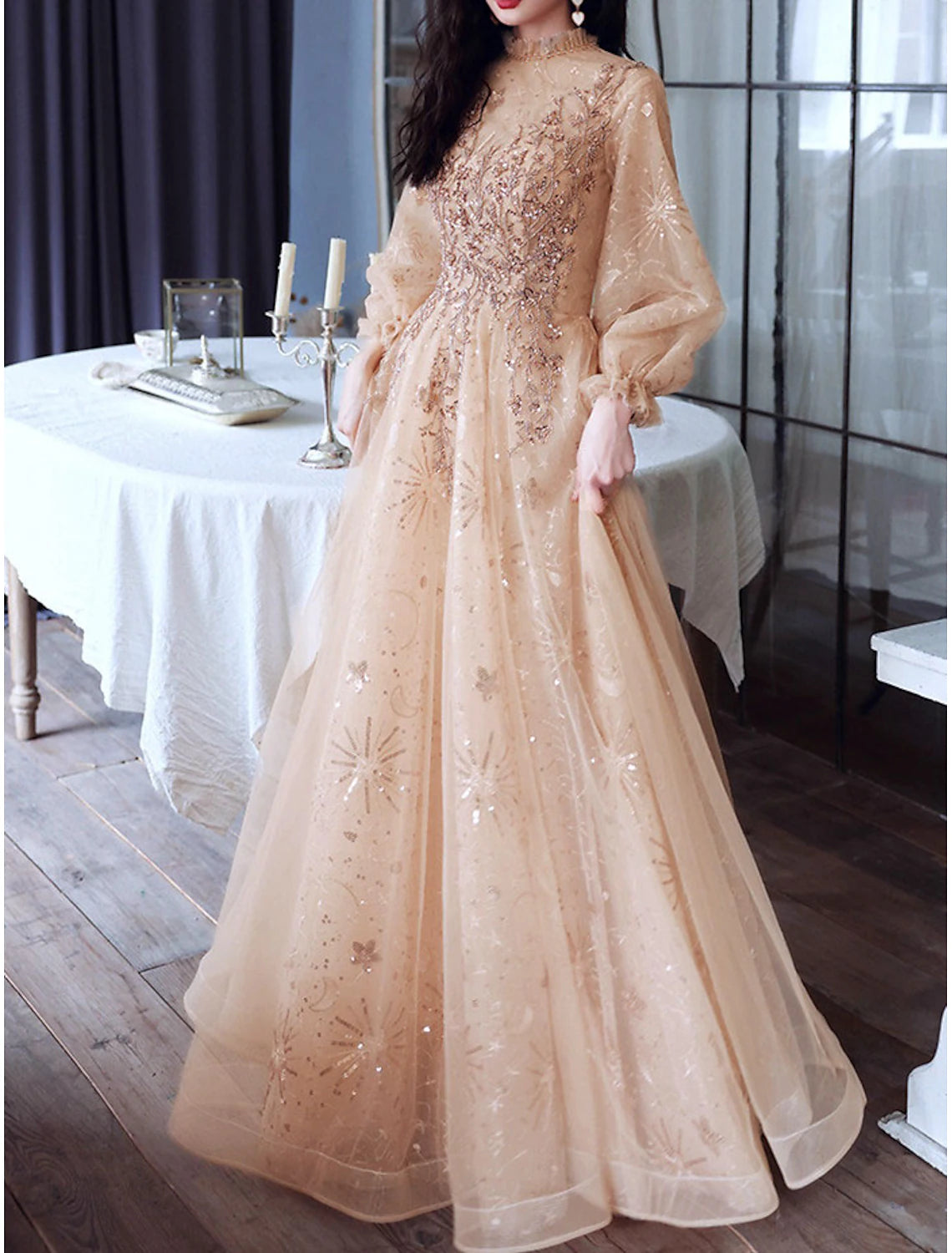 Luolandi A-Line Glittering Elegant Engagement Formal Evening Dress High Neck Long Sleeves Charming Long Prom Dress