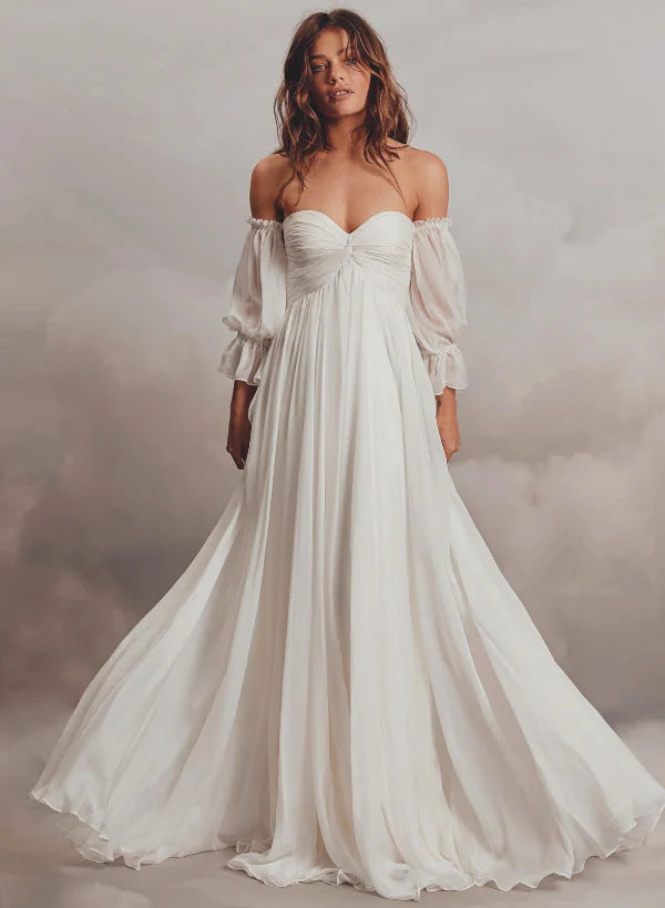 Luolandi Boho Wedding Dresses Off-The-Shoulder Long Sleeves With Chiffon Sweep Train Elegant Formal Dress