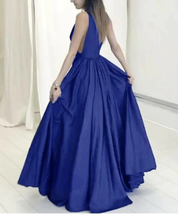 Luolandi Exquisite Deep-v A-line Prom Dresses Satin Sweep Train Gowns Sexy Evening Party Dress Party Dress