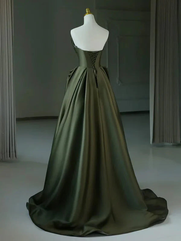 Luolandi A-Line V Neck Satin Green Long Prom Dress Court Train Dresses Off Shoulder Evening Dress