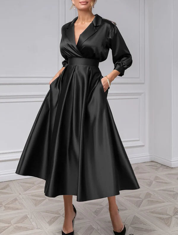Luolandi A-Line Cocktail Dresses Elegant Dress Wedding Guest Evening Party Tea Length 3/4 Length Sleeve Shirt Collar Satin with Pleat Solid Color