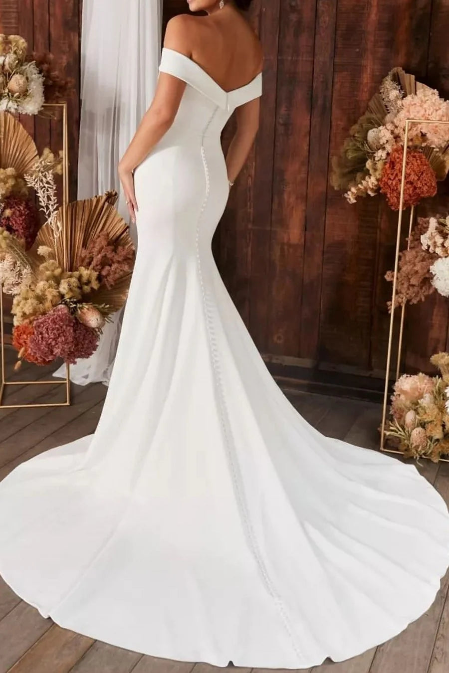 Luolandi Wedding Dress Mermaid Off The Shoulder Bridal Dress With Sweep Train Solid Color Simple
