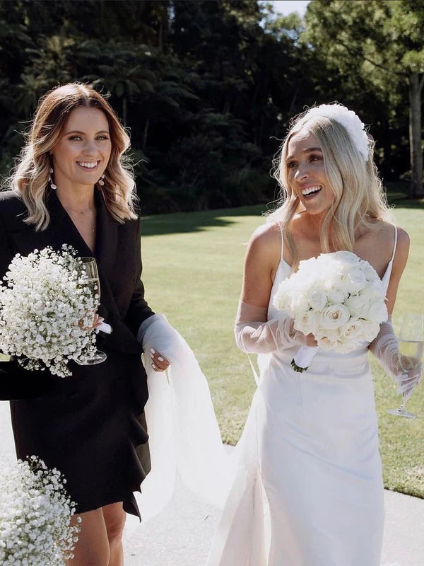 Luolandi Simple Spaghetti Straps Long Satin Wedding Dresses Solid Color Elegant Bridal Gown No With Wedding Veil