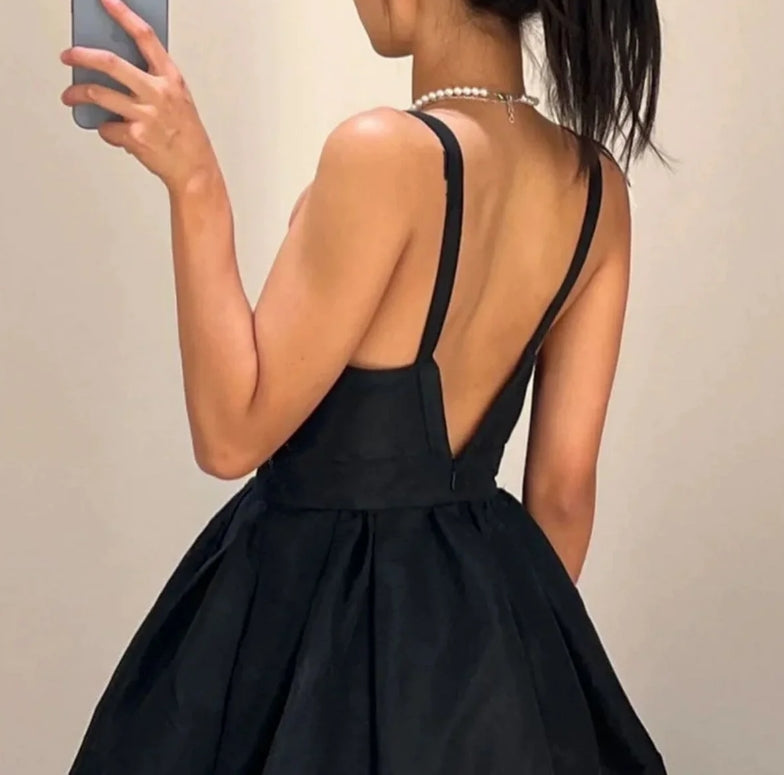 Luolandi Black V Neck Backless A-Line Homecoming Dress Sexy Party Dress Solid Color Formal Dress