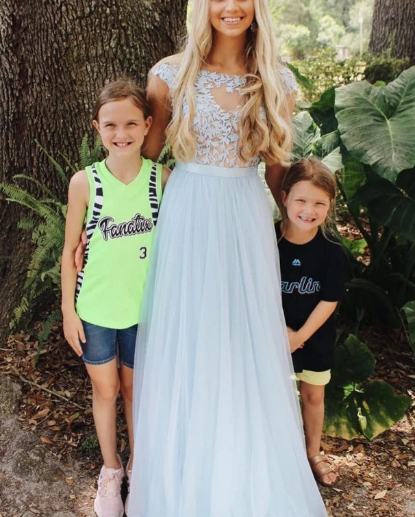 Luolandi Illusion Bateau A-line Prom Dresses Tulle Appliqued Gowns Beautiful Evening Dress Formal Dress