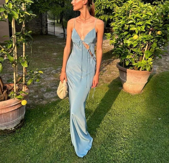 Luolandi Blue Spaghetti Straps Mermaid Satin Long Party Dress Sexy Evening Dress Formal Dress