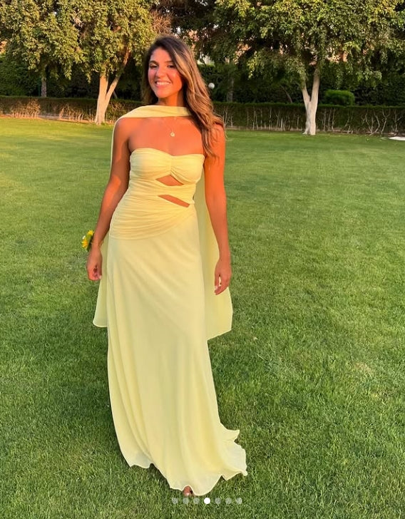 Luolandi Strapless A Line Yellow Long Prom Dress Wedding Guest Dress Charming Evening Party Dress