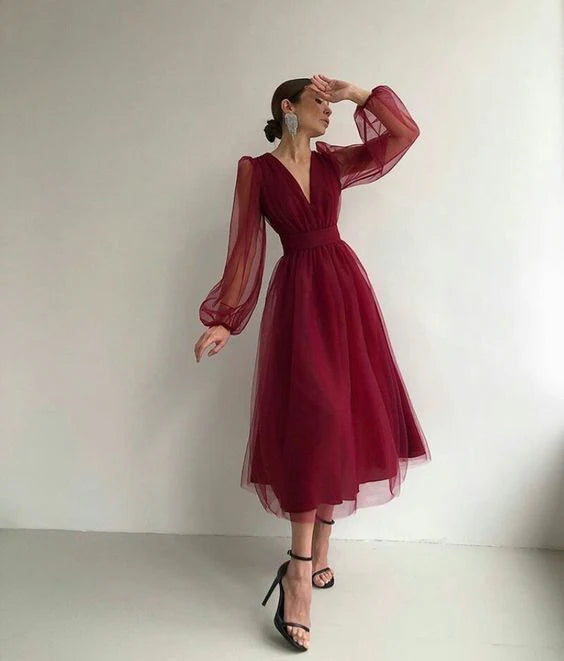 Luolandi Charming Puffy Long Sleeve Burgundy Tea Length Prom Dress/Evening Gown Cocktail Dress