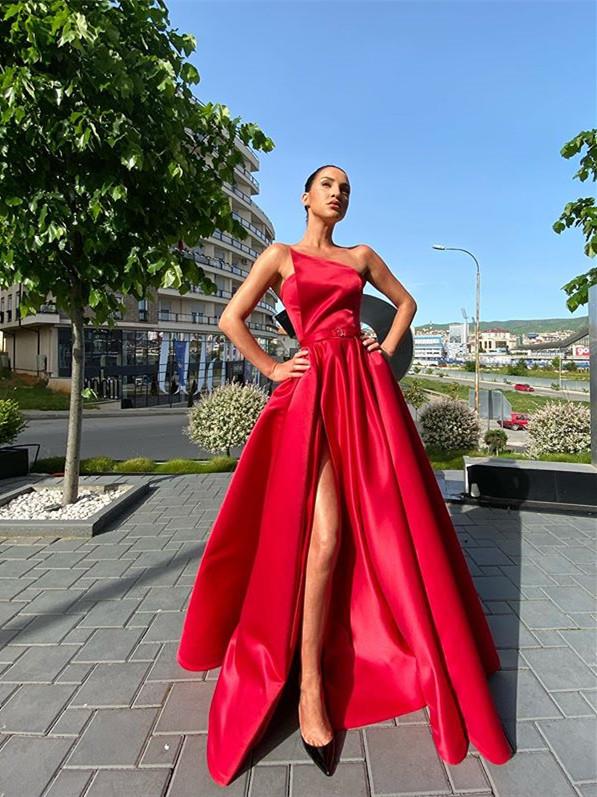 Luolandi Strapless Long A-line Red Satin Prom Dresses Simple Elegant Prom Dresses Charming Evening Party Dress