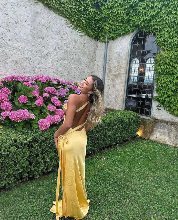 Luolandi Yellow One Shoulder Backless Satin Long Party Dress Elegant Evening Dress Formal Dress