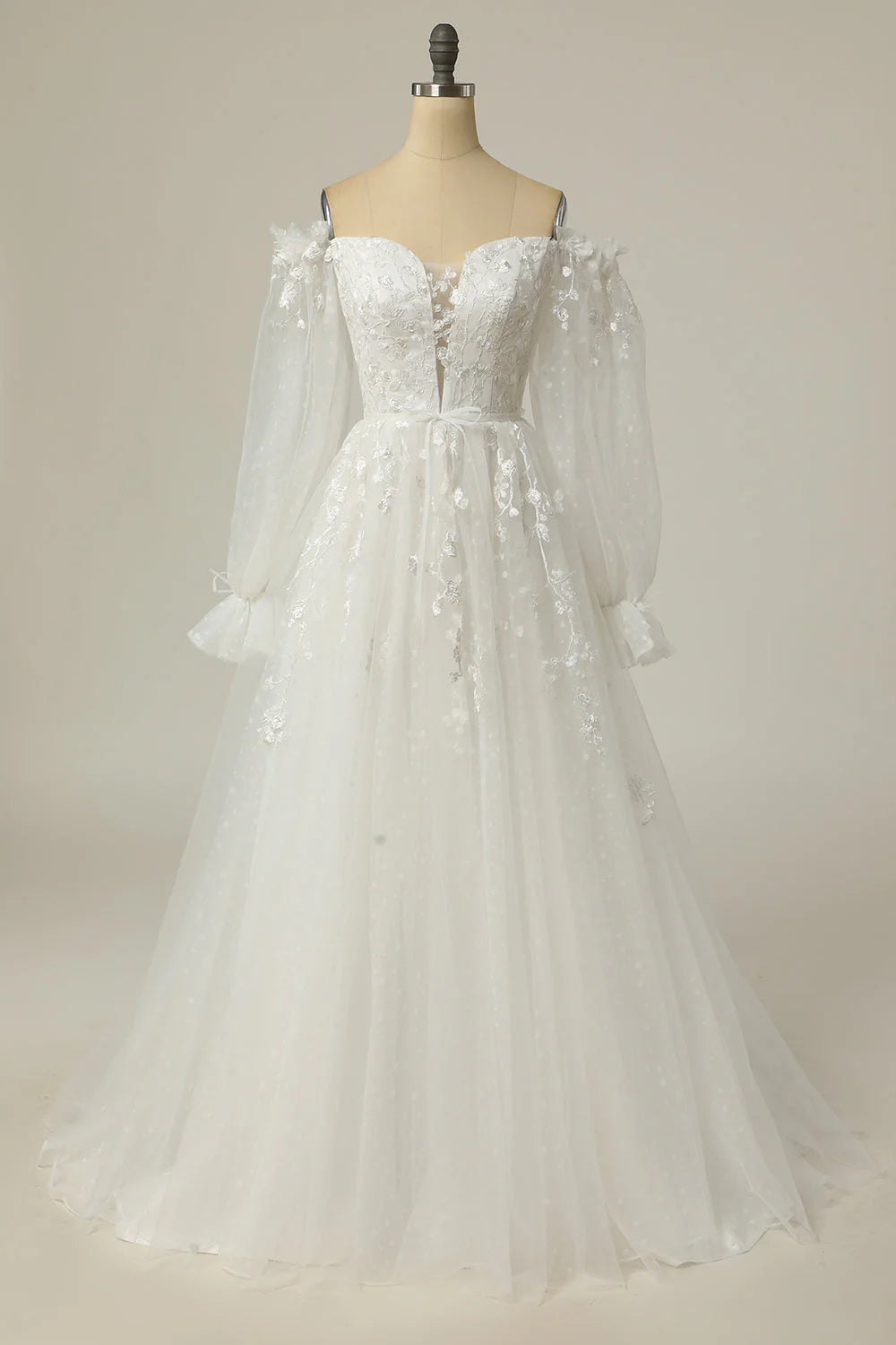 Luolandi Luxurious A-Line Off-The-Shoulder Wedding Dress With Appliques And Detachable Sleeves