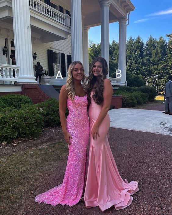 Luolandi Sparkly Mermaid Scoop Neck Pink Sequin Long Prom Dresses Charming Evening Party Dress