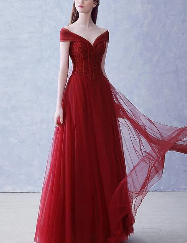 Luolandi A-line Wine Red Tulle Beaded Long Party Dresses Formal Dress Dark Red Beaded Party Dress Prom Dress