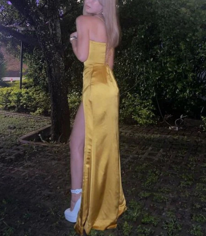 Luolandi Yellow Satin Long Prom Dress Evening Party Dress with Slit Simple wedding guest dress