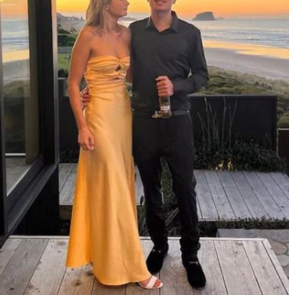 Luolandi Light Blue Strapless Satin Simple Long Prom Dress Yellow Off Shoulder Sexy Party Dress