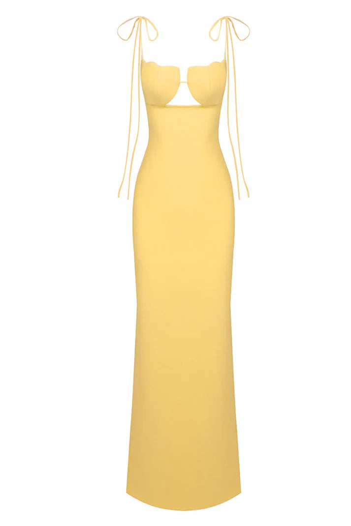 Luolandi Yellow Spaghetti Straps Long Prom Dress Wedding Guest Dress Sexy Party Dress