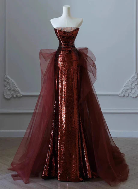 Luolandi Wine Red Sequins and Tulle Beaded Long Party Dress Evening Dress Sparkly Prom Dress