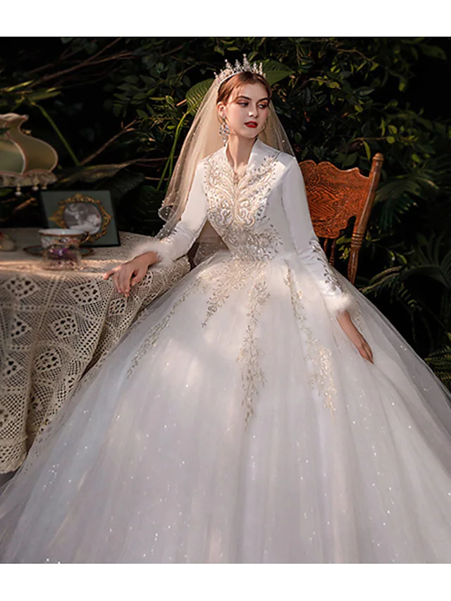 Luolandi Princess Ball Gown Wedding Dresses V Neck Floor Length Lace Tulle Long Sleeve Romantic Sparkle & Shine