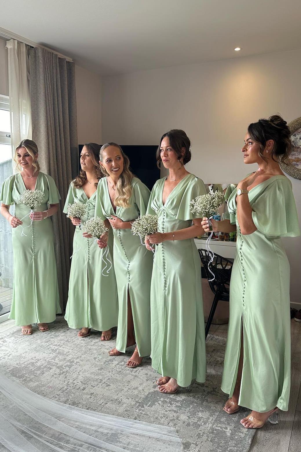 Luolandi Flare Sleeves Sage Green Bridesmaid Dress with Buttons Elegant Evening Party Dress