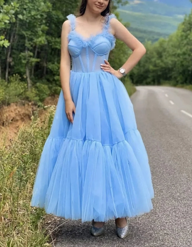 Luolandi Sky Blue Straps Tulle A Line Prom Dress Sweetheart Homecoming Dresses Charming