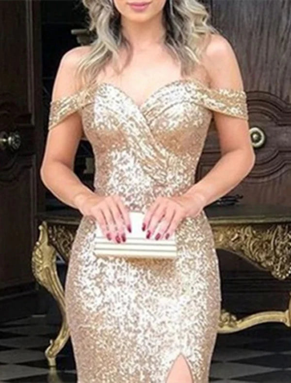 Luolandi Mermaid / Trumpet Prom Dresses Sparkle & Shine Dress Party Wear Wedding Party Sweep / Brush Train Sleeveless Off Shoulder Sequined with Sequin Slit Evening Dress